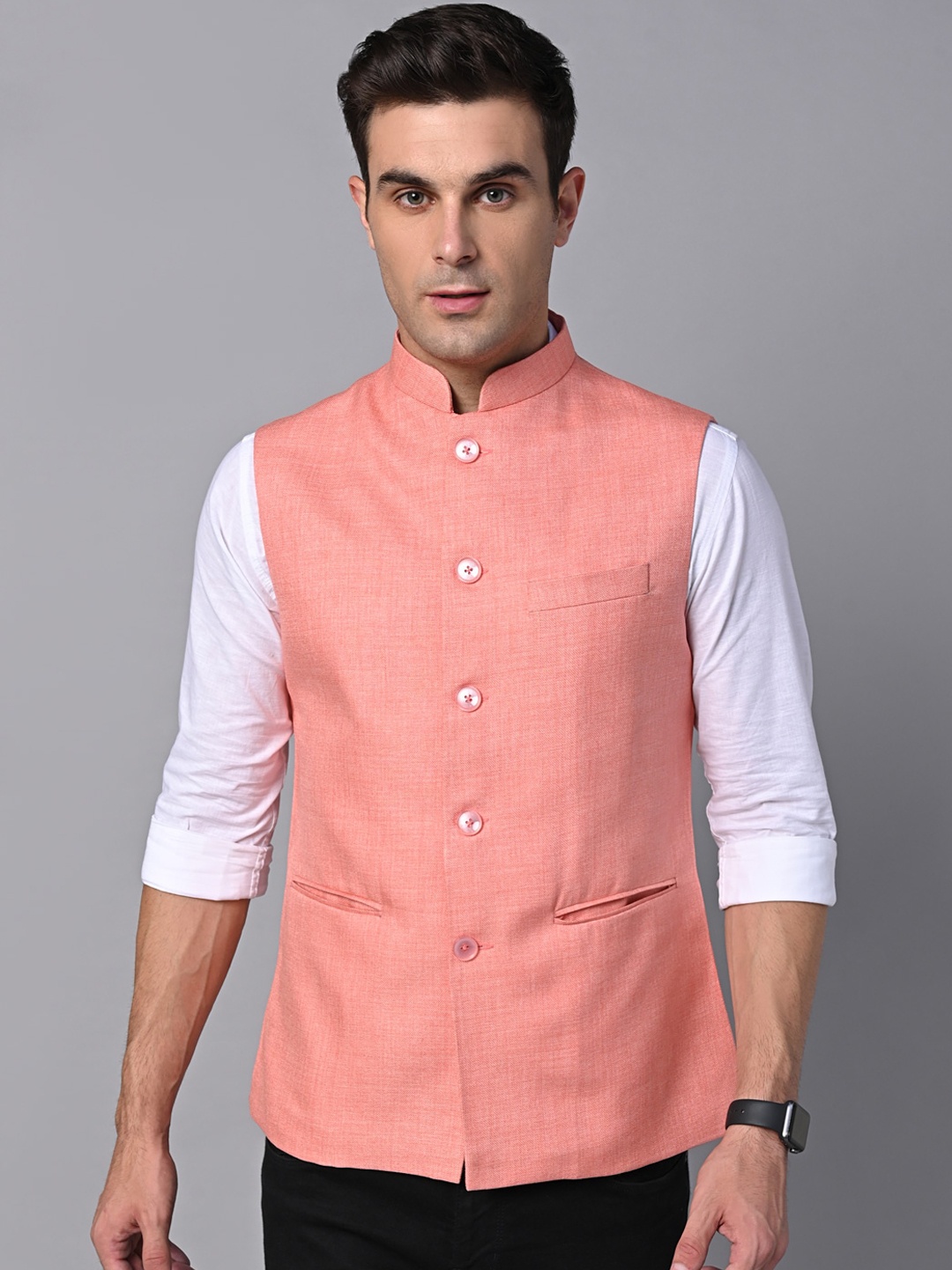 

Vastraa Fusion Mandarin Collar Jute Cotton Nehru Jacket, Peach