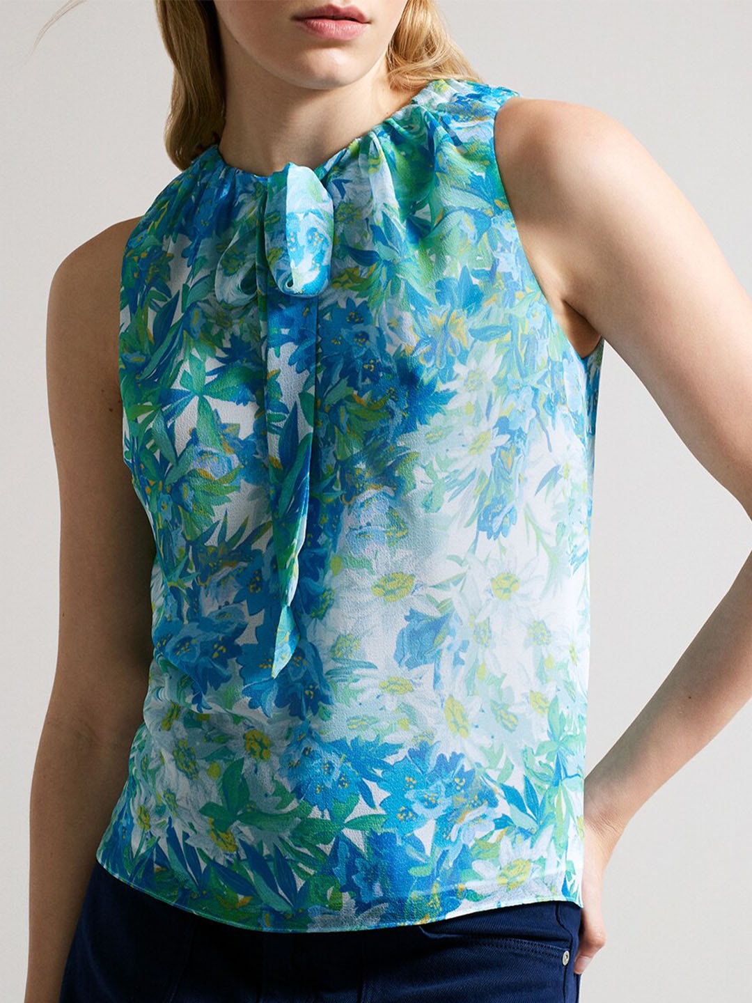

Ted Baker Floral Printed Tie-Up Neck Sleeveless Top, Blue