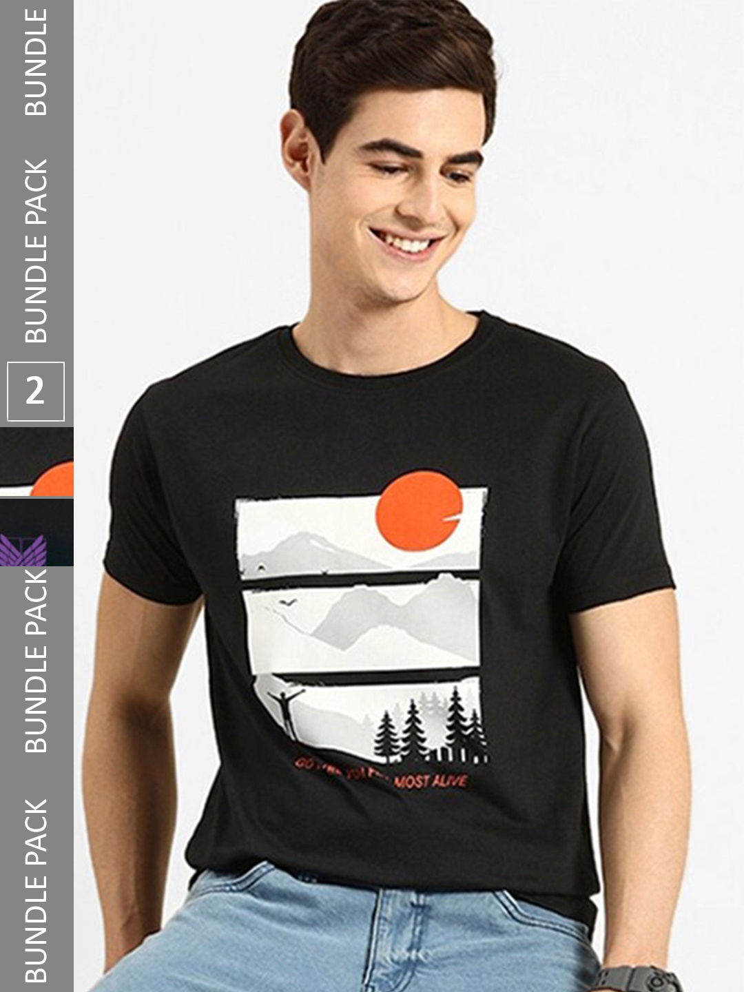 

Bewakoof Black Pack of 2 Graphic Printed Pure Cotton T-shirt