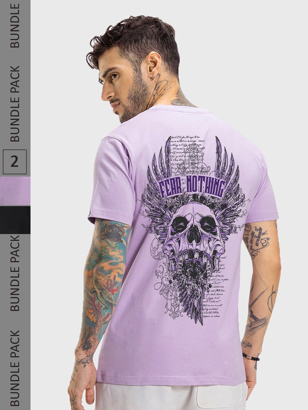 

Bewakoof Pack Of 2 Black & Lavender Graphic Printed Pure Cotton T-shirt