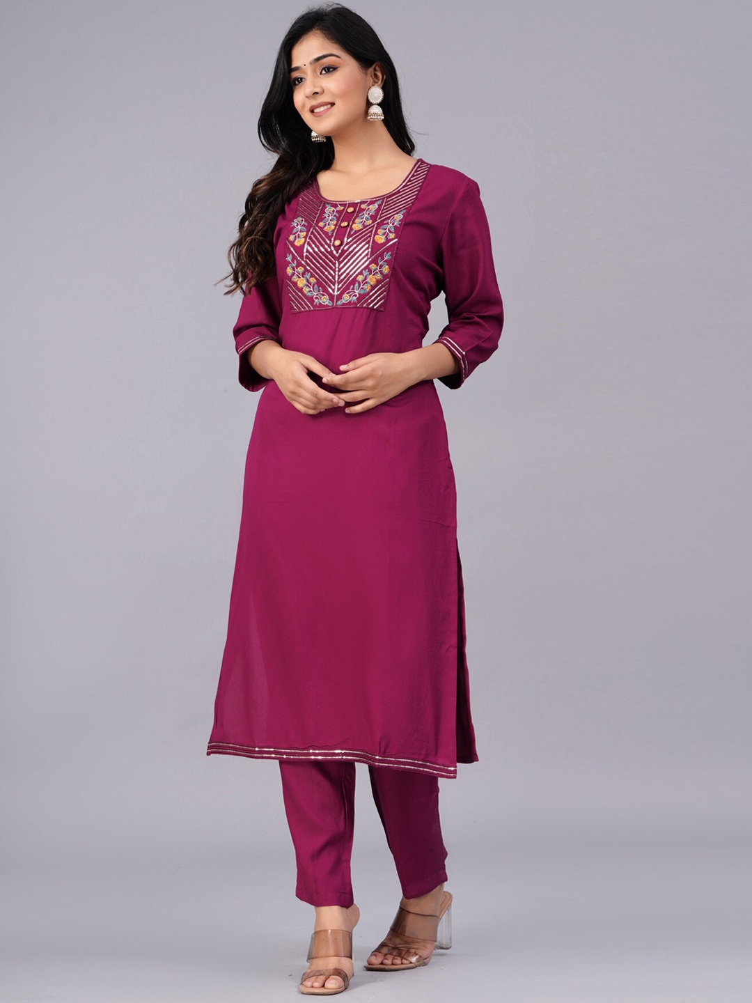 

PREKSHA Floral Embroidered Regular Sequined Kurta with Trousers, Purple