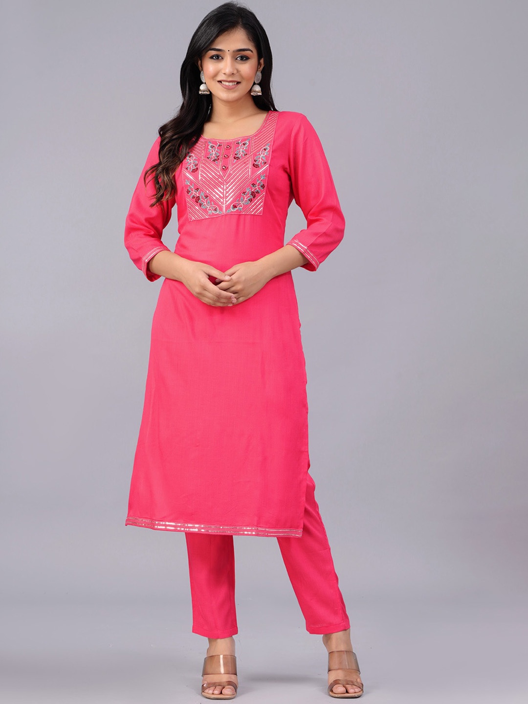 

PREKSHA Floral Embroidered Regular Sequined Kurta with Trousers, Pink