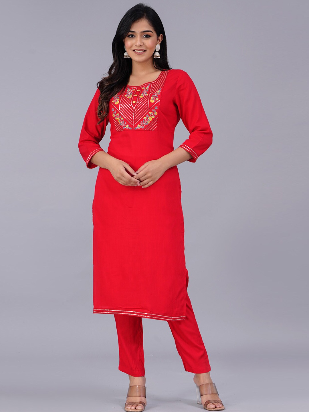 

PREKSHA Floral Embroidered Regular Sequined Kurta with Trousers, Red
