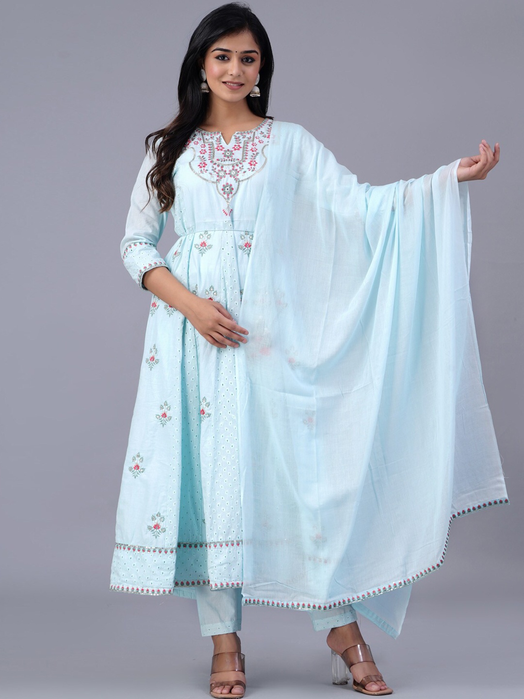 

PREKSHA Floral Embroidered Sequined Pure Cotton Kurta with Trousers & Dupatta, Blue