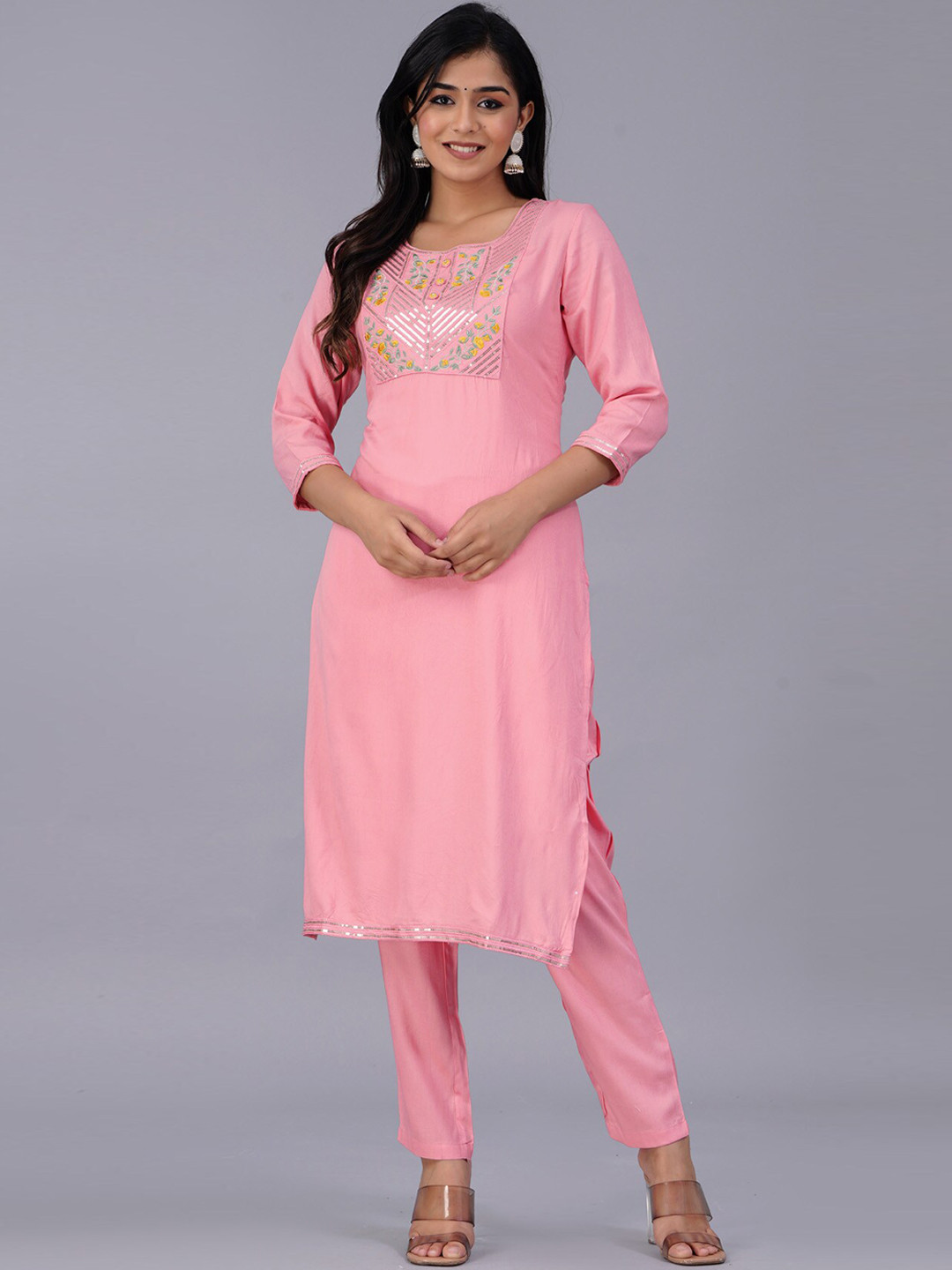 

PREKSHA Floral Embroidered Regular Sequined Kurta with Trousers, Pink