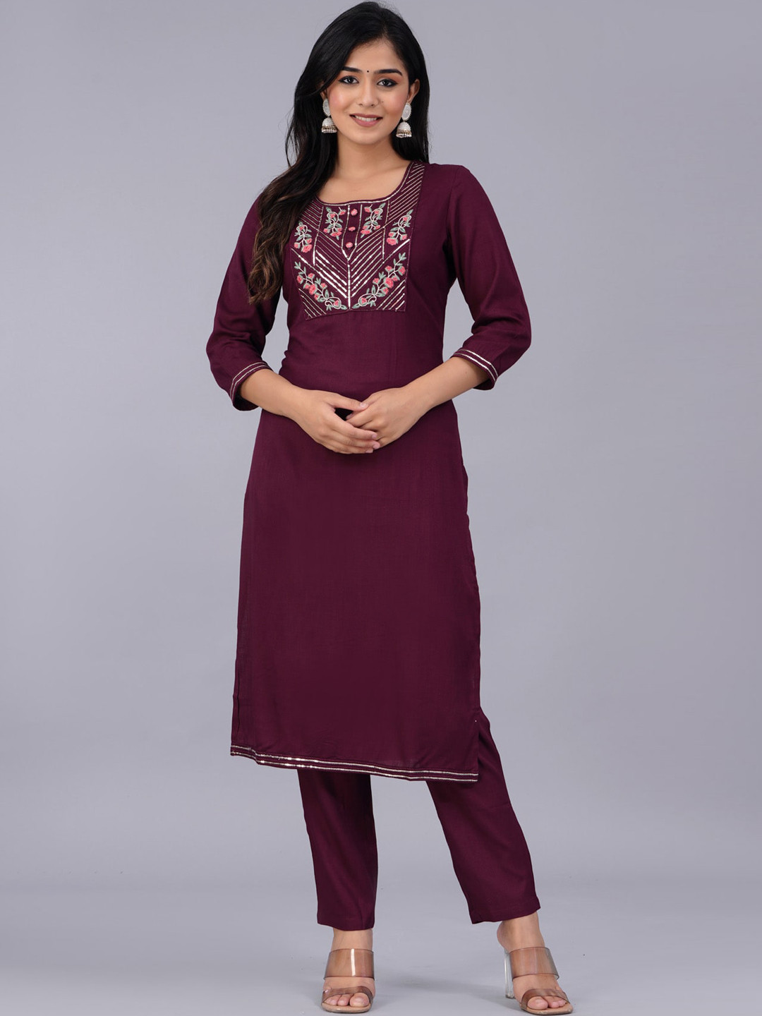 

PREKSHA Floral Embroidered Regular Sequined Kurta with Trousers, Maroon
