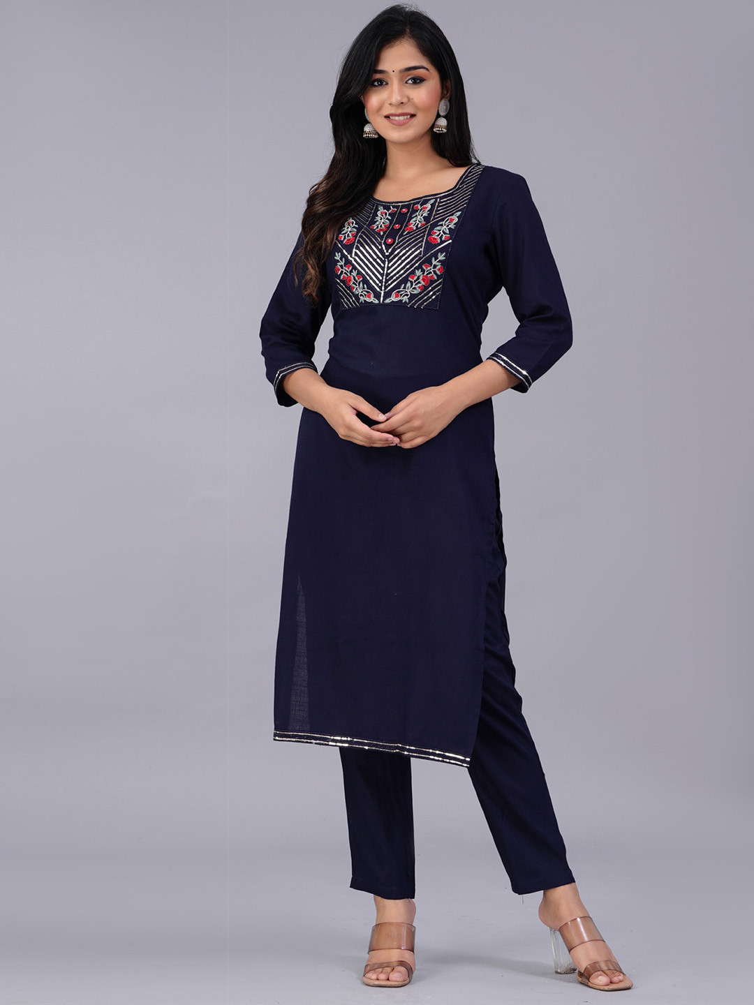 

PREKSHA Floral Embroidered Regular Sequined Kurta with Trousers, Navy blue