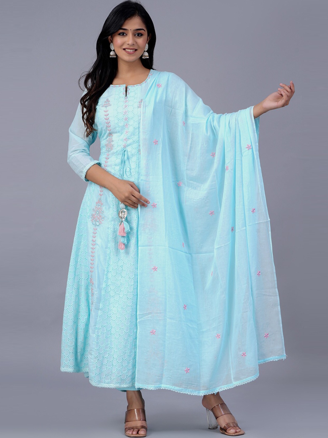 

PREKSHA Floral Embroidered Thread Work Pure Cotton Kurta with Trousers & Dupatta, Blue