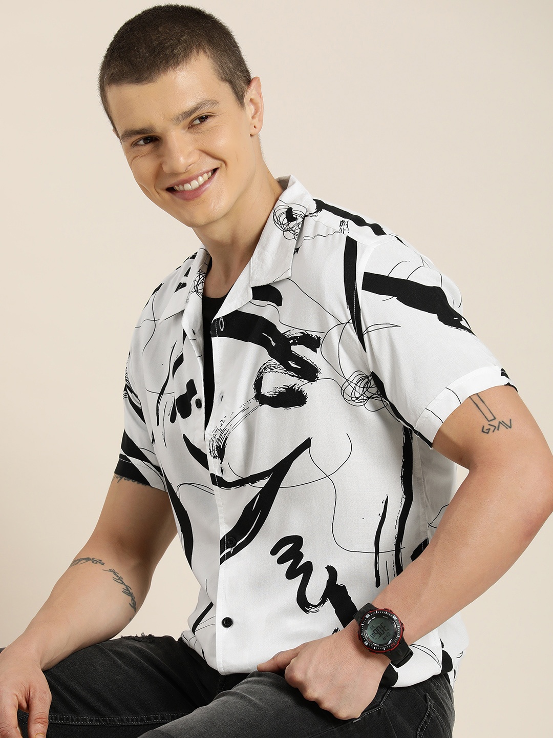 

HERE&NOW Men Slim Fit Opaque Printed Casual Shirt, White