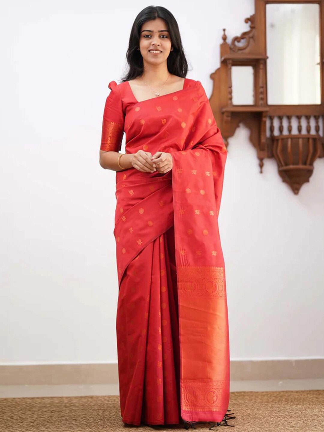 

Satrani Polka Dots Woven Design Zari Saree, Red