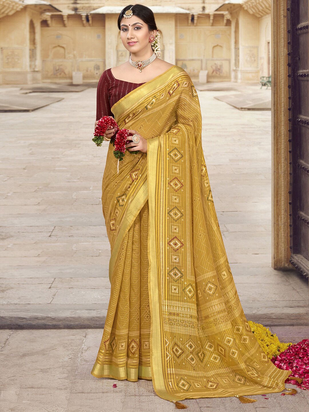 

Satrani Ethnic Motifs Printed Zari Saree, Mustard