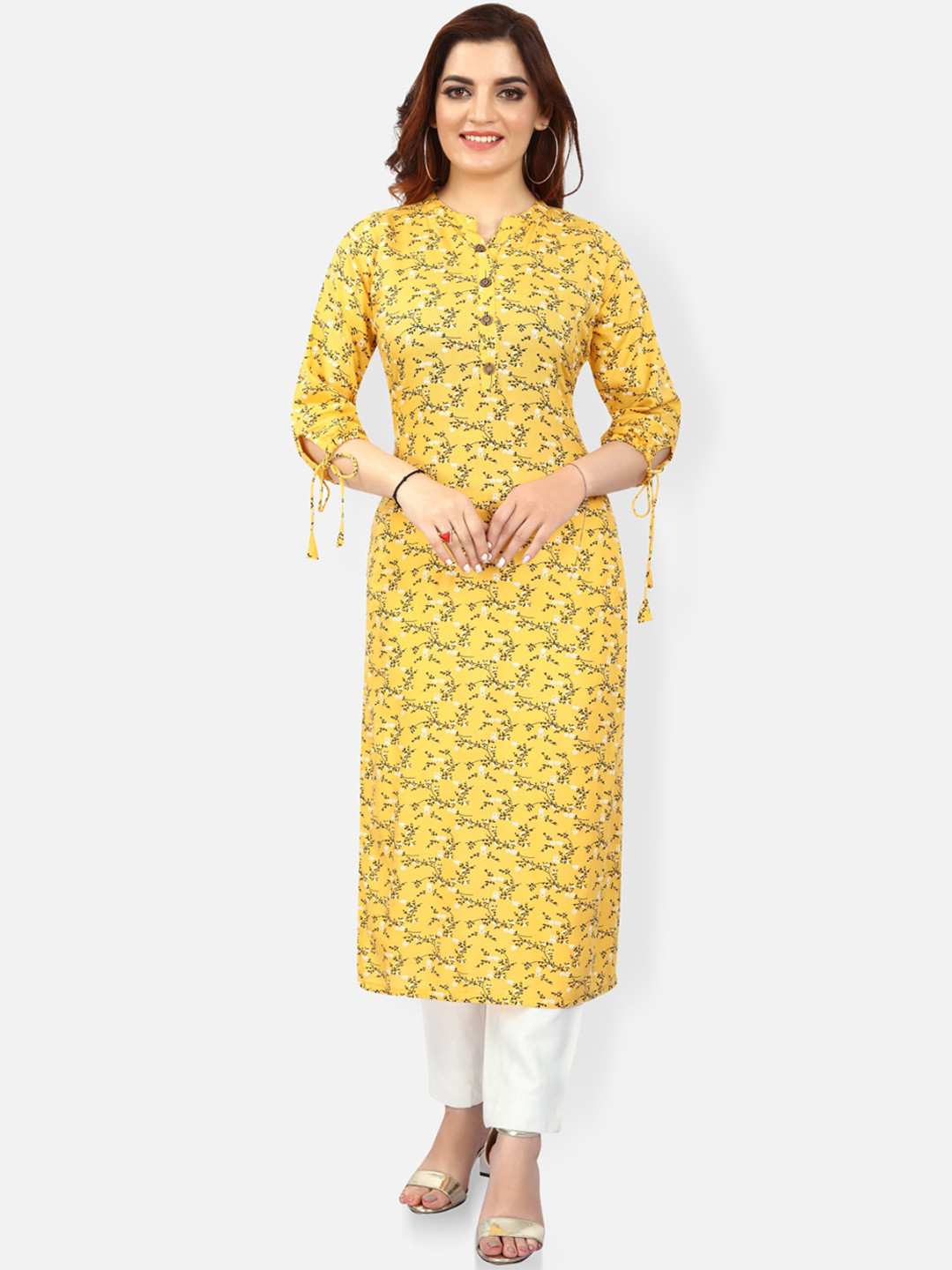 

FEMMIBELLA Floral Printed Band Collar Cotton Kurta, Yellow