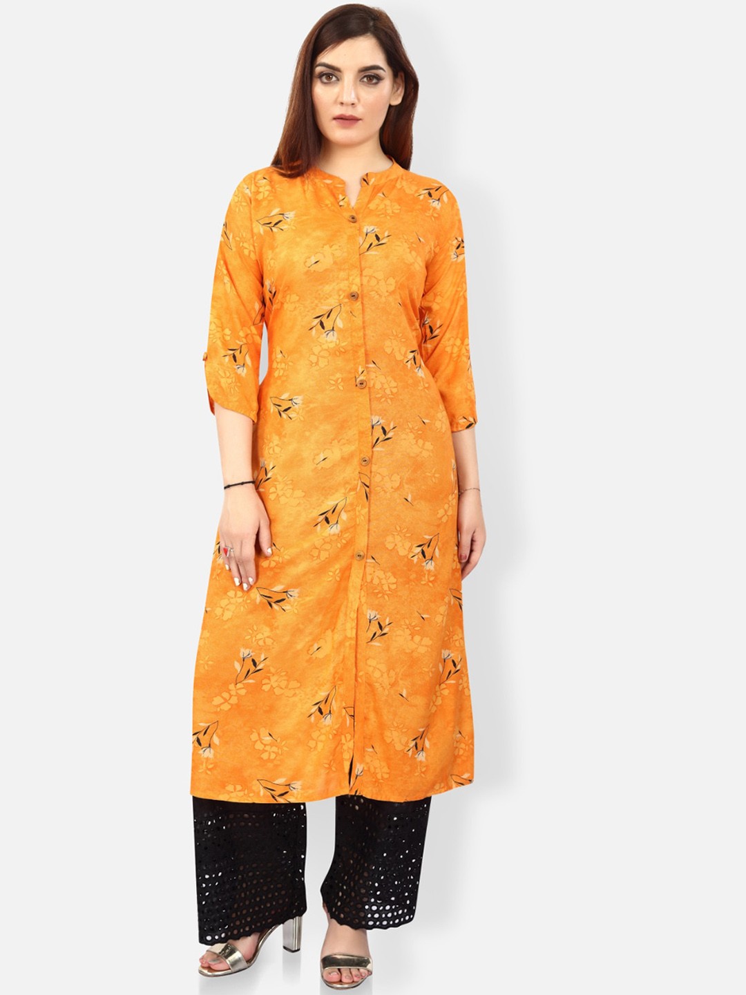 

FEMMIBELLA Floral Printed Mandarin Collar Cotton Kurta, Orange