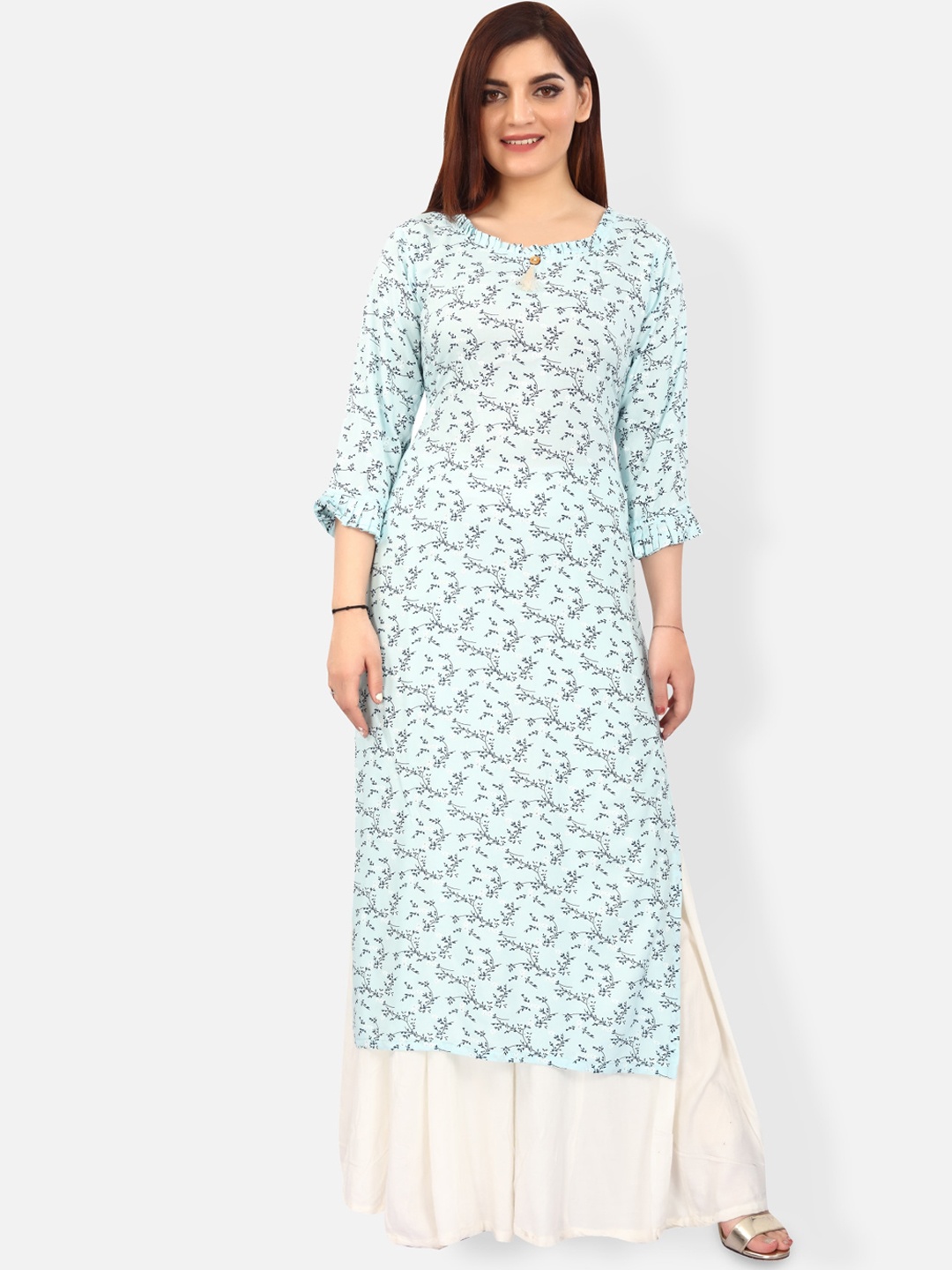 

FEMMIBELLA Floral Printed Round Neck Cotton A-Line Kurta, Blue