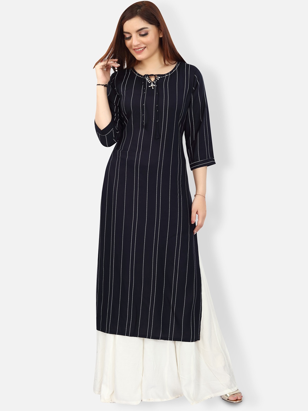 

FEMMIBELLA Striped Tie-Up Neck Cotton Kurta, Navy blue