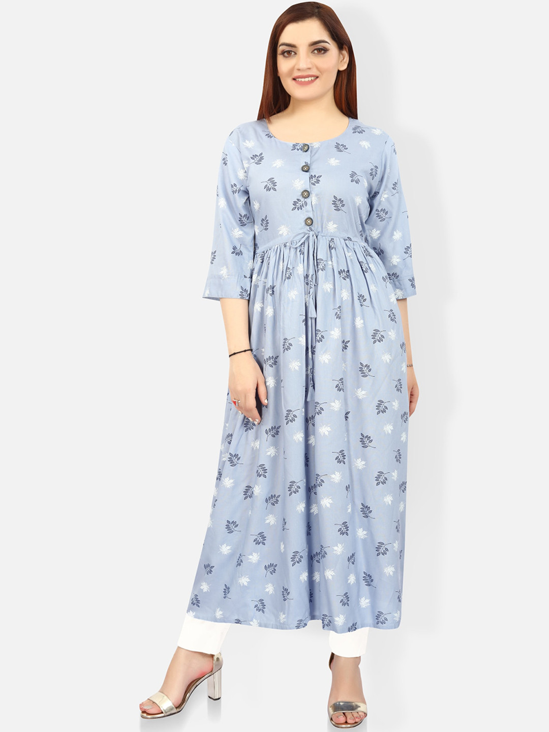 

FEMMIBELLA Floral Printed Round Neck Gathered Detail Kurta, Blue