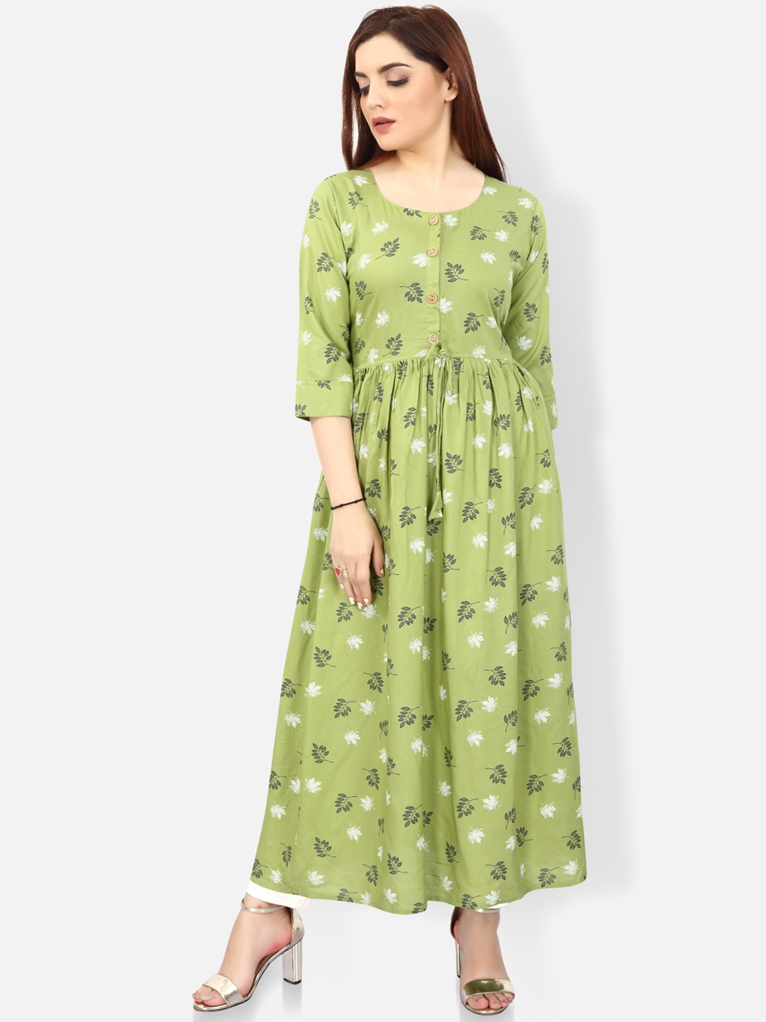 FEMMIBELLA Floral Printed Round Neck Gathered Detail Kurta, Green