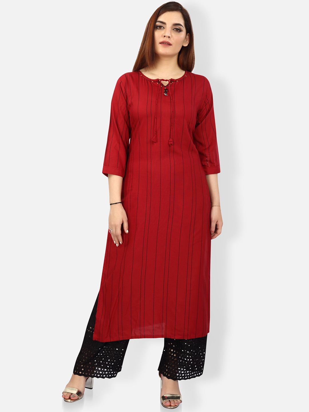

FEMMIBELLA Striped Tie-Up Neck Cotton Kurta, Maroon