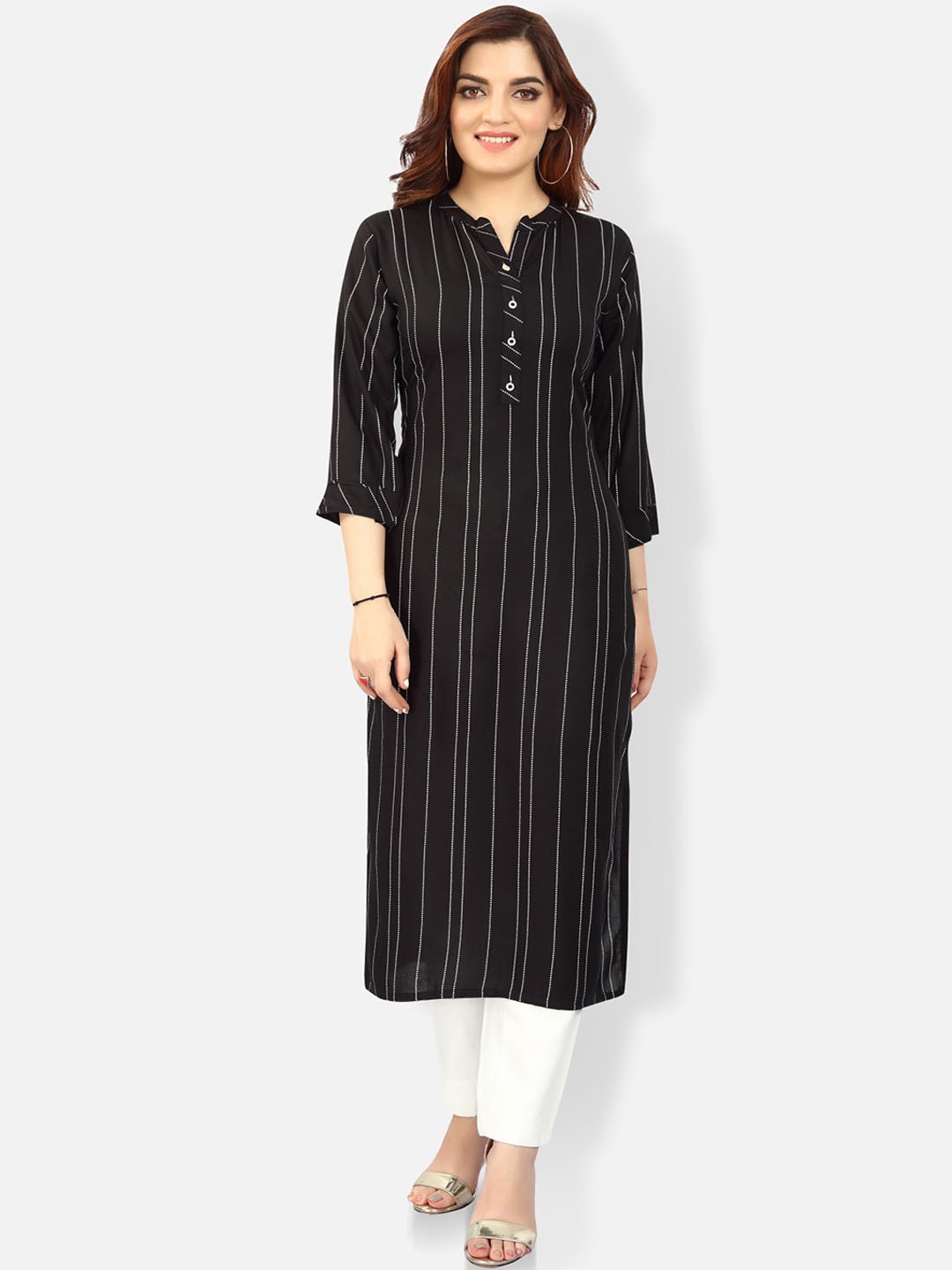 

FEMMIBELLA Striped Band Collar Cotton Kurta, Black