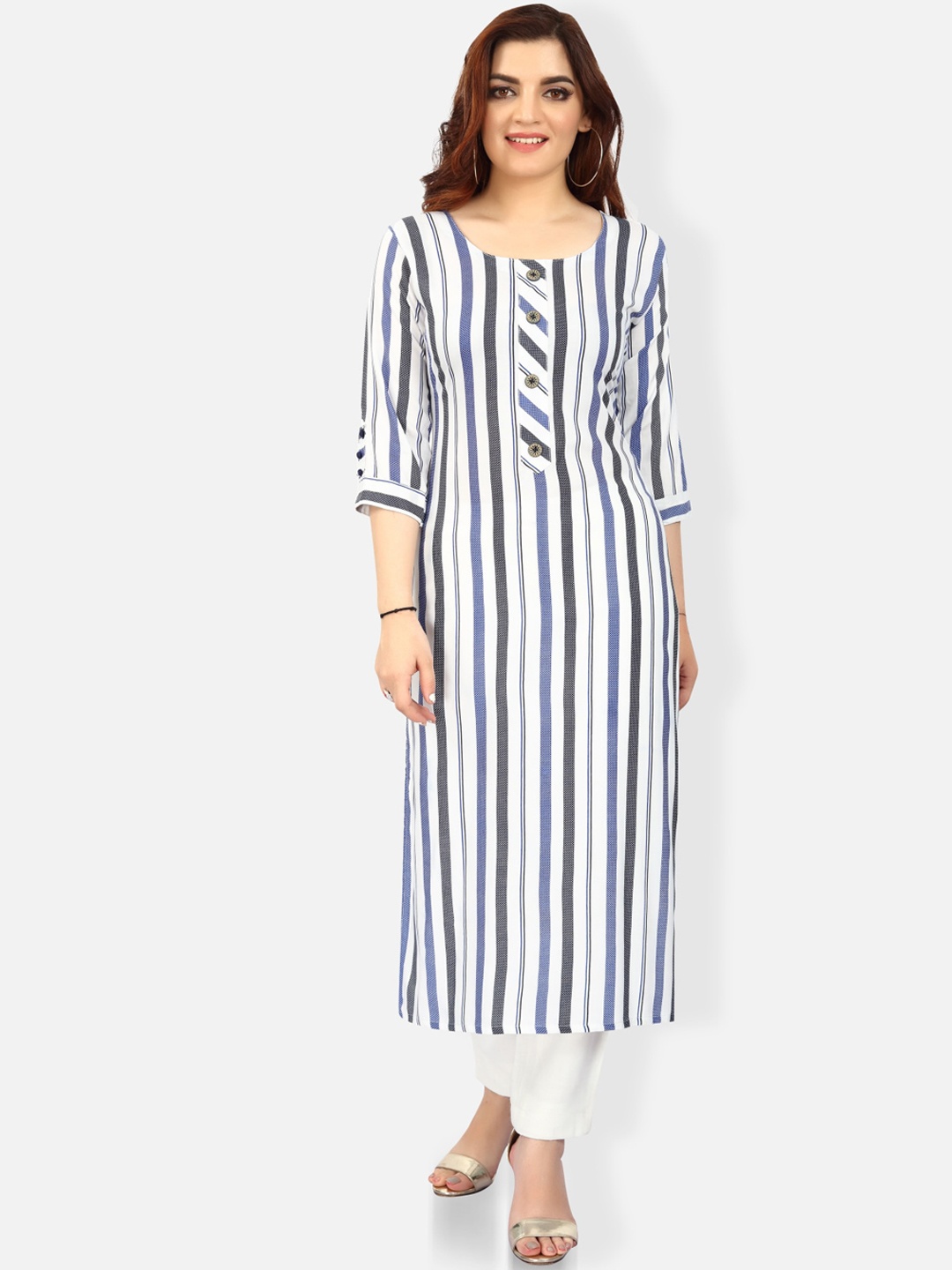 

FEMMIBELLA Striped Round Collar Cotton Kurta, Blue