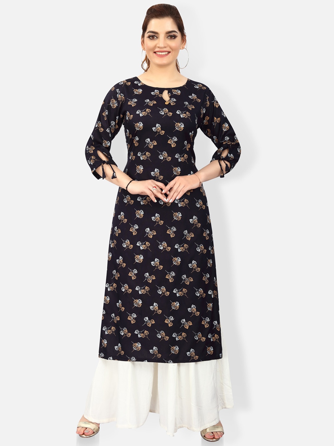 

FEMMIBELLA Floral Printed Keyhole Neck Cotton Kurta, Navy blue