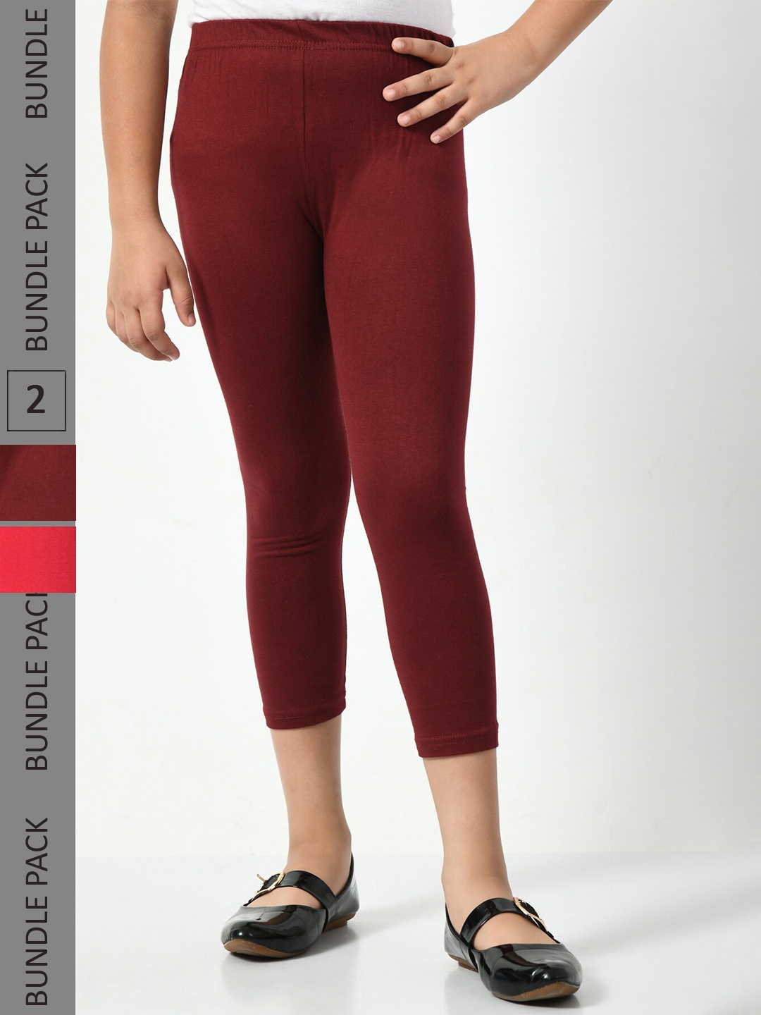 BAESD Girls Pack Of 2 Skinny Fit Cotton Capris, Maroon
