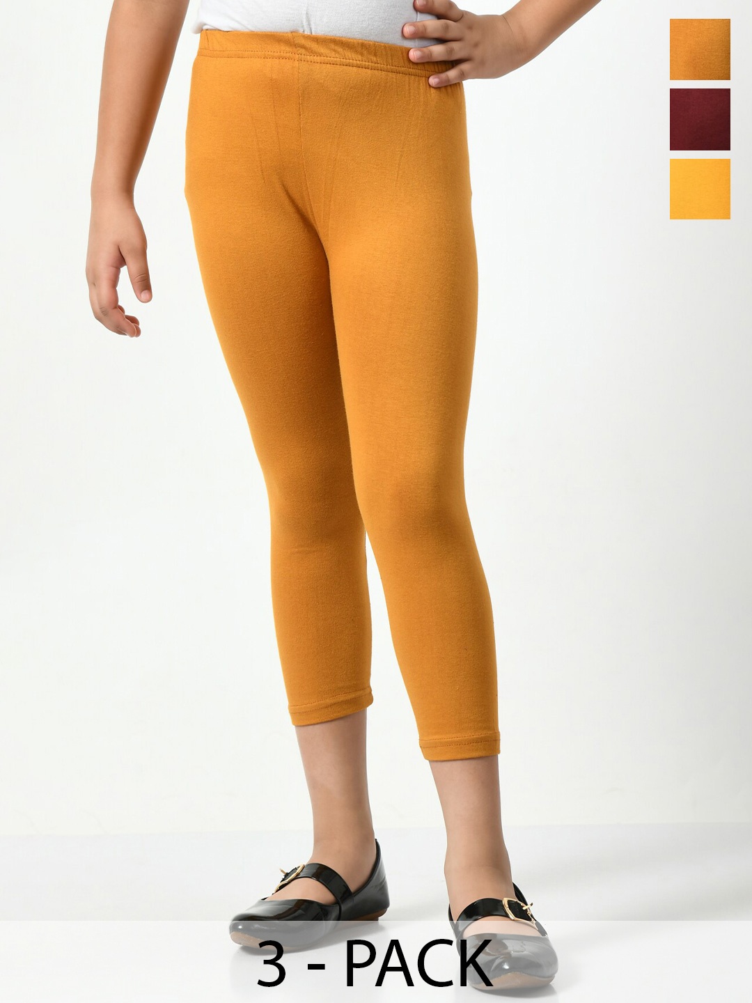 

BAESD Girls Pack Of 3 Skinny Fit Mid-Rise Comfortable Capris, Mustard