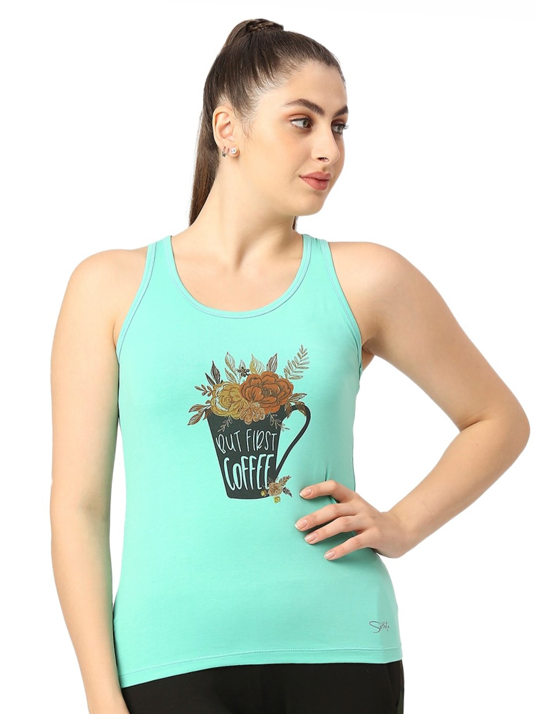 

Lovable Sport Graphic Printed Cotton Racer Back Tank Top, Green