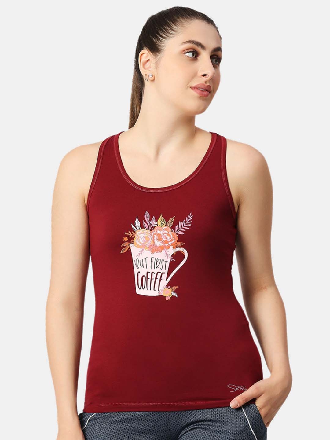 

Lovable Sport Graphic Printed Cotton Racer Back Tank Top, Maroon