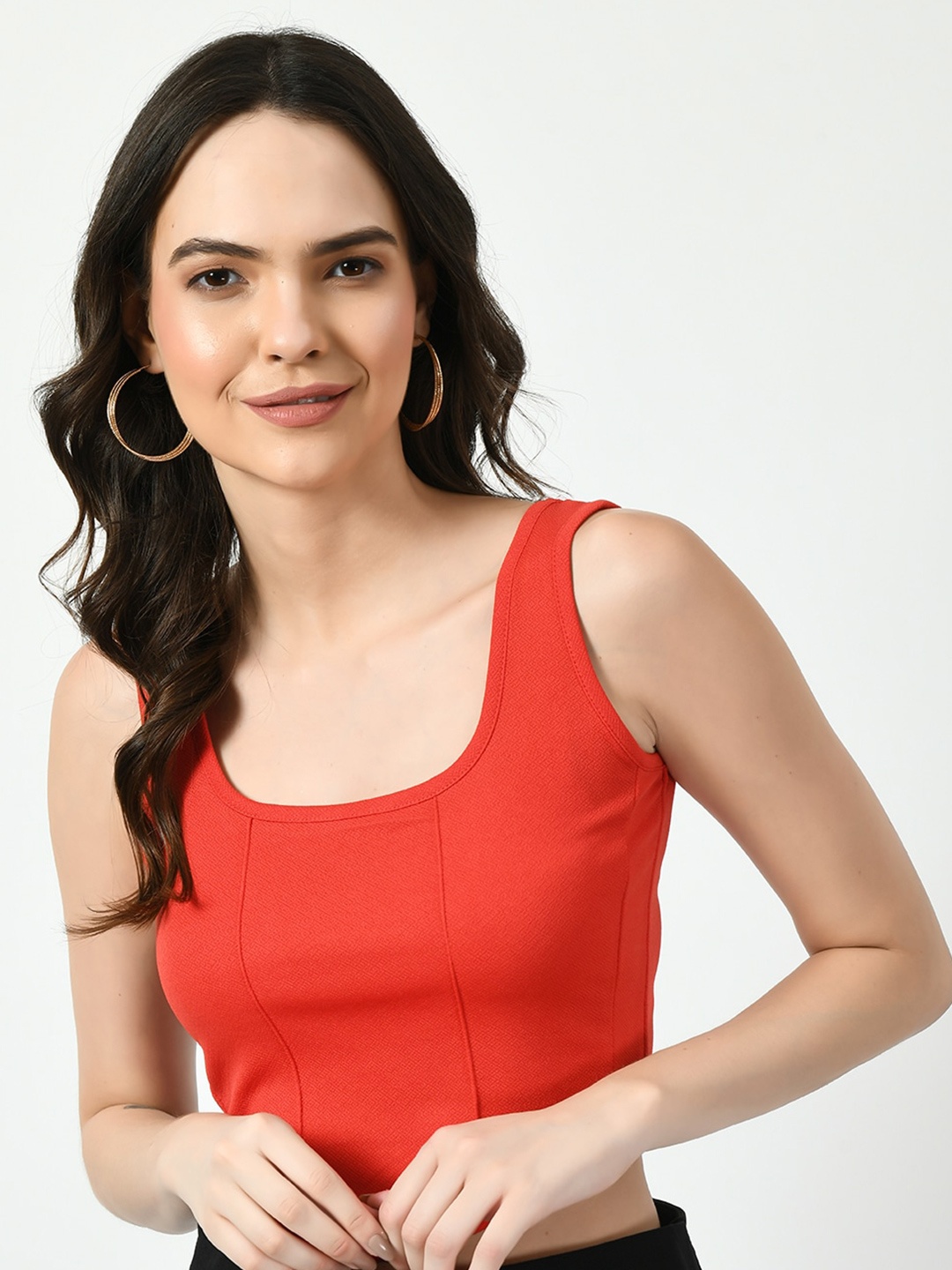 

CLAFOUTIS Sleeveless Square Neck Cropped Crepe Fitted Top, Red