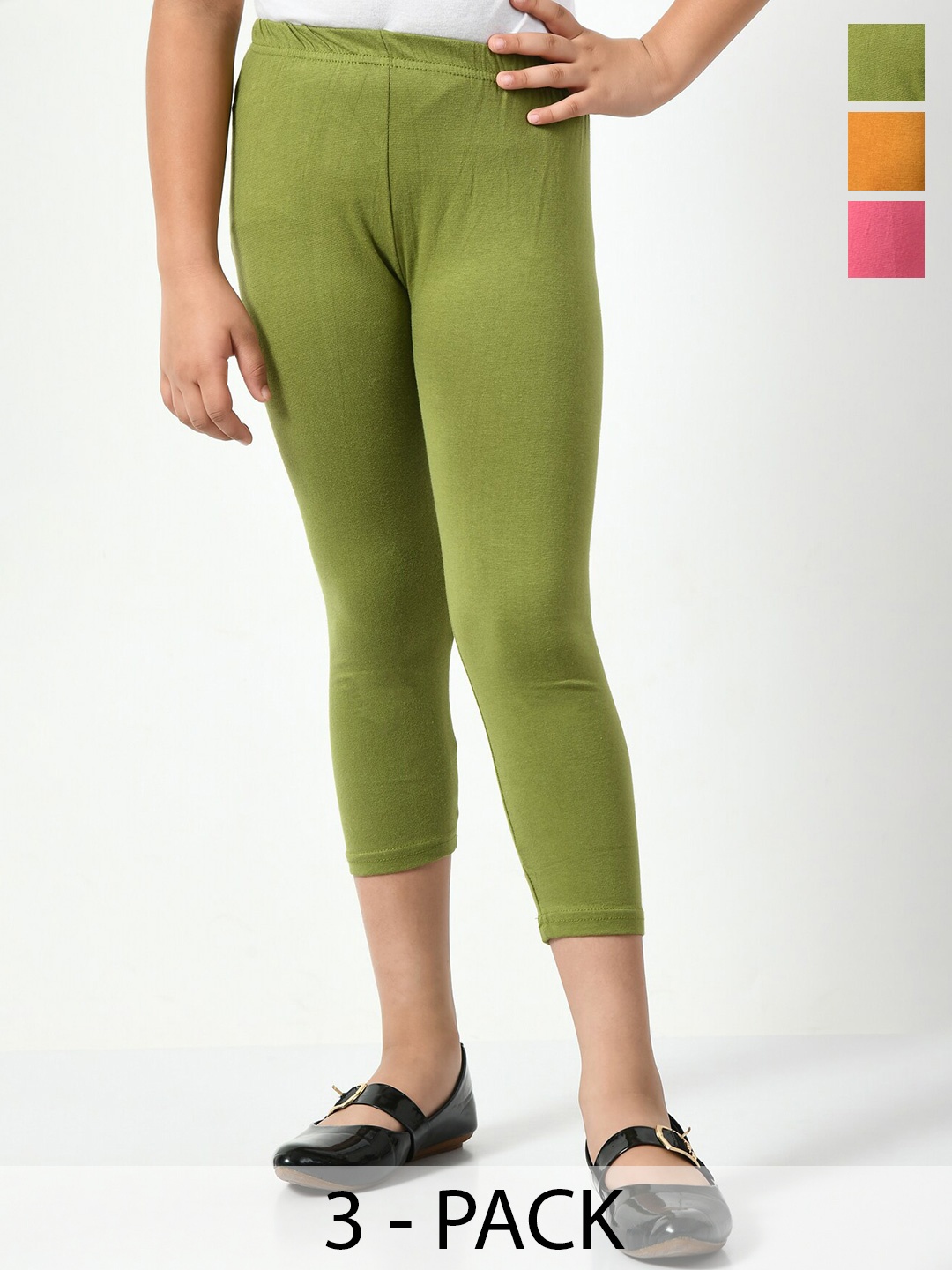 

BAESD Girls Pack Of 3 Cotton & Lycra Mid-Rise Capris, Green
