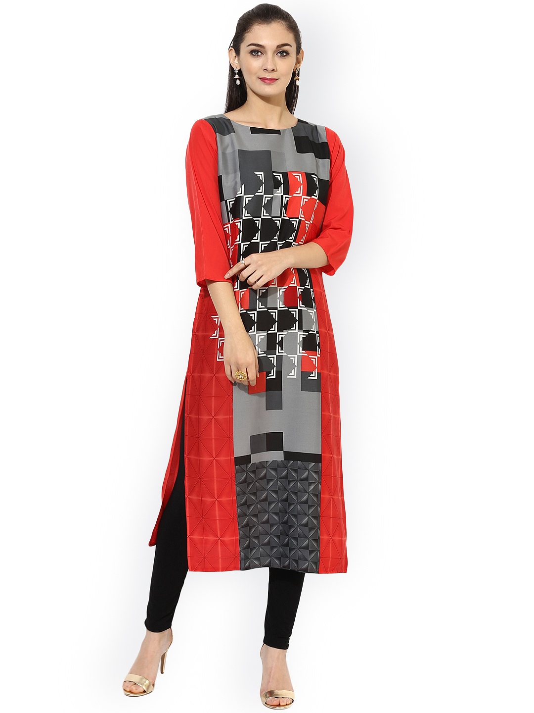 

Vaamsi Women Red & Grey Printed Straight Kurta
