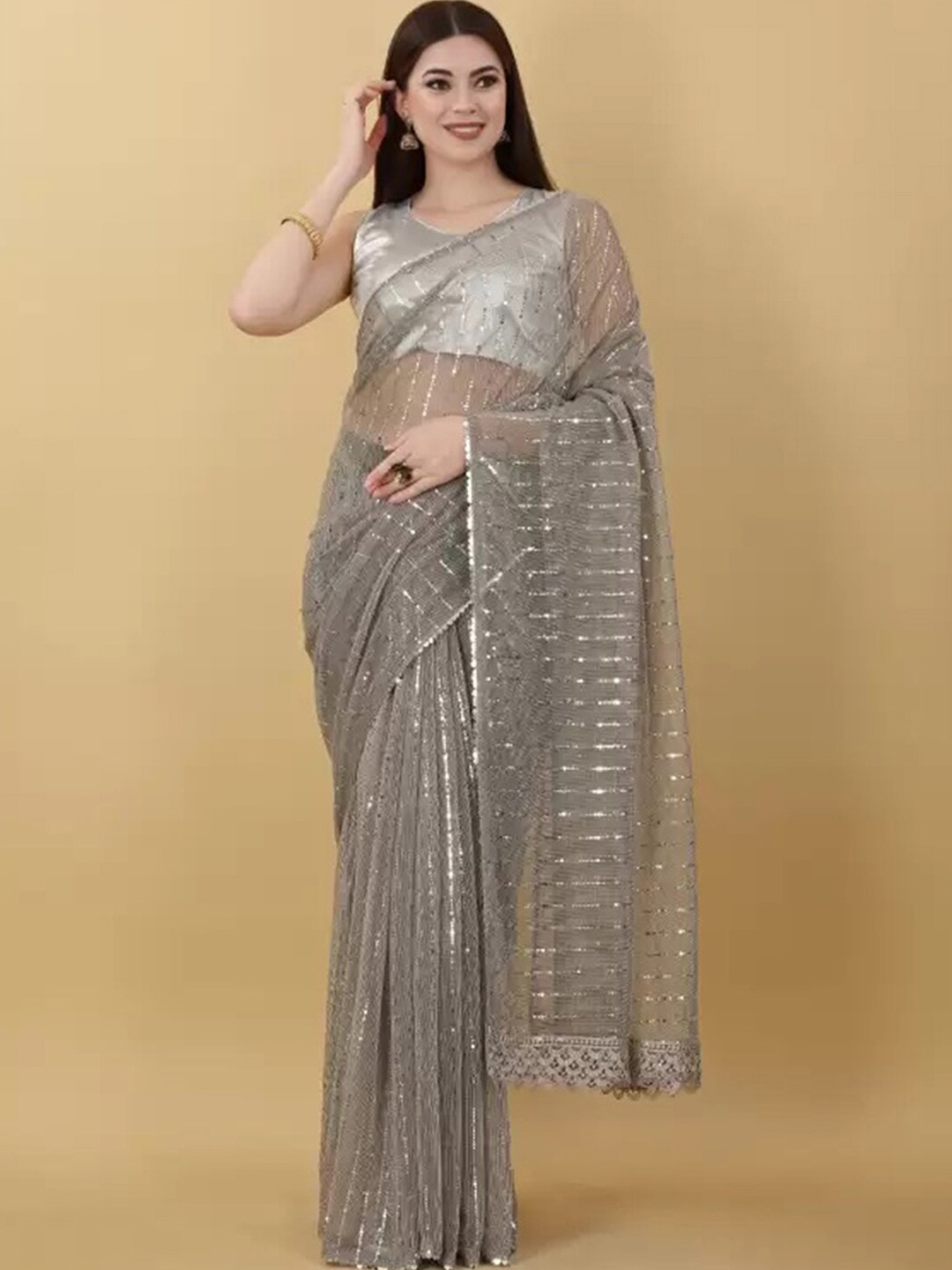 

SIRIL Embellished Sequinned Saree, Grey