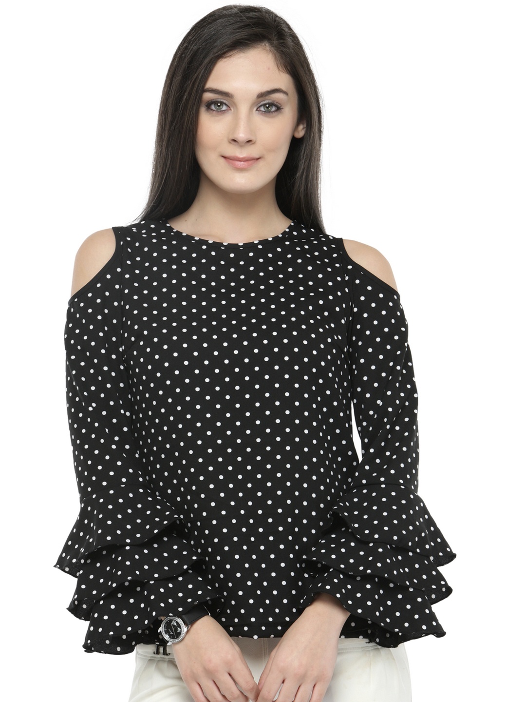

plusS Women Black Cold-Shoulder Printed Top