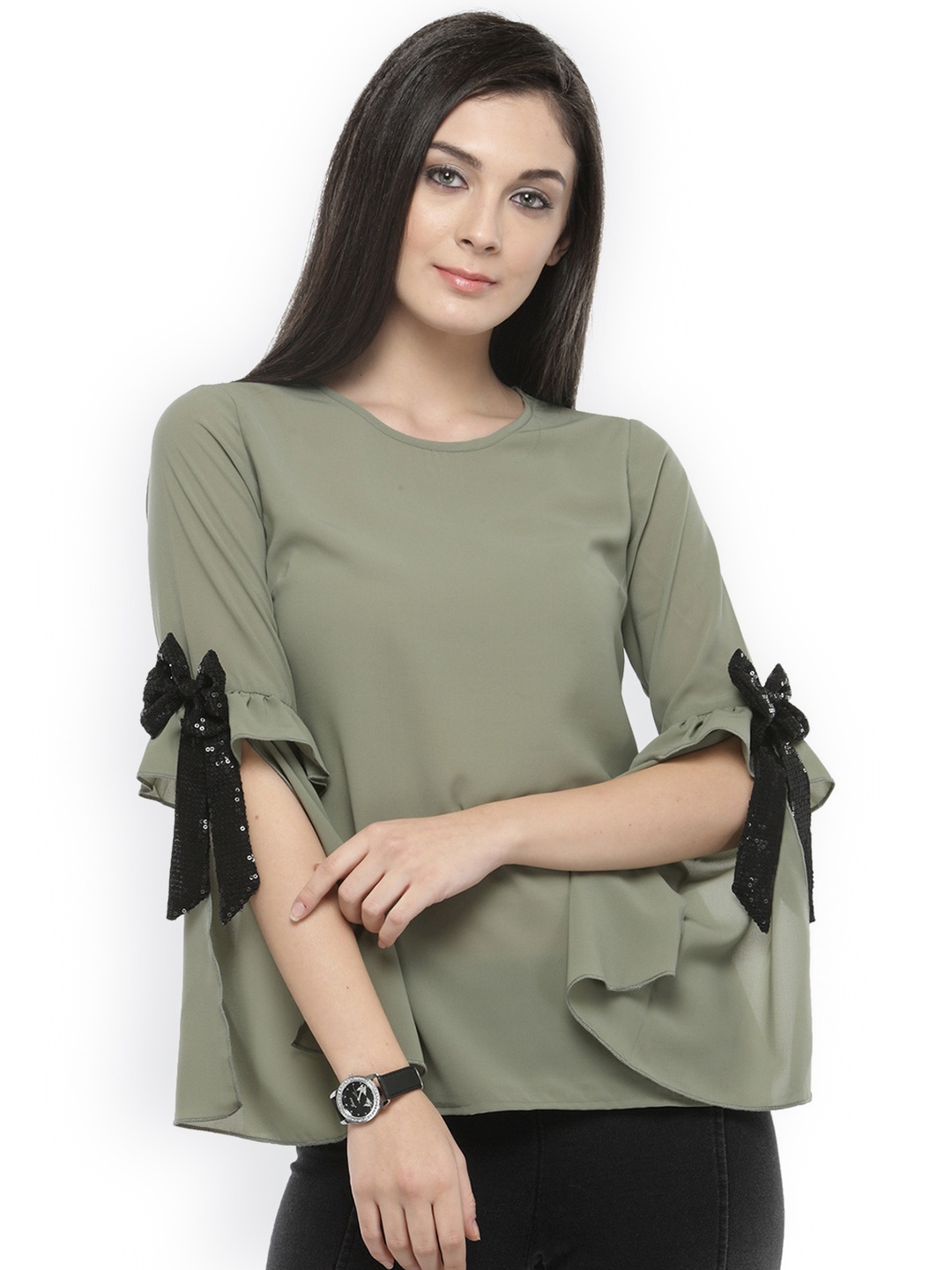 

plusS Women Olive Green Solid Top