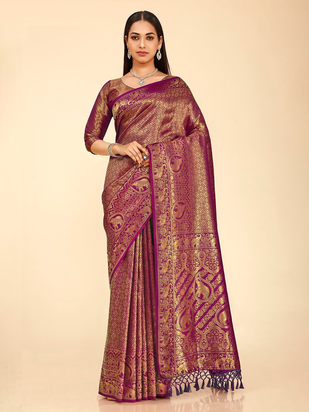 

FLOURIOUS Woven Design Zari Pure Silk Banarasi Saree, Burgundy