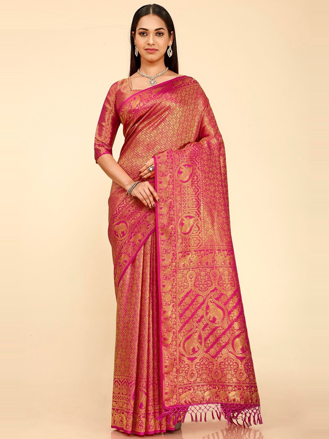 

FLOURIOUS Woven Design Zari Pure Silk Banarasi Saree, Pink