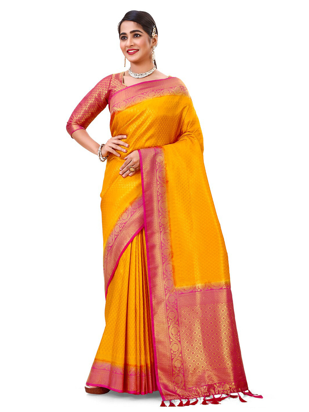

FLOURIOUS Ethnic Motifs Woven Design Zari Pure Silk Kanjeevaram Saree, Yellow