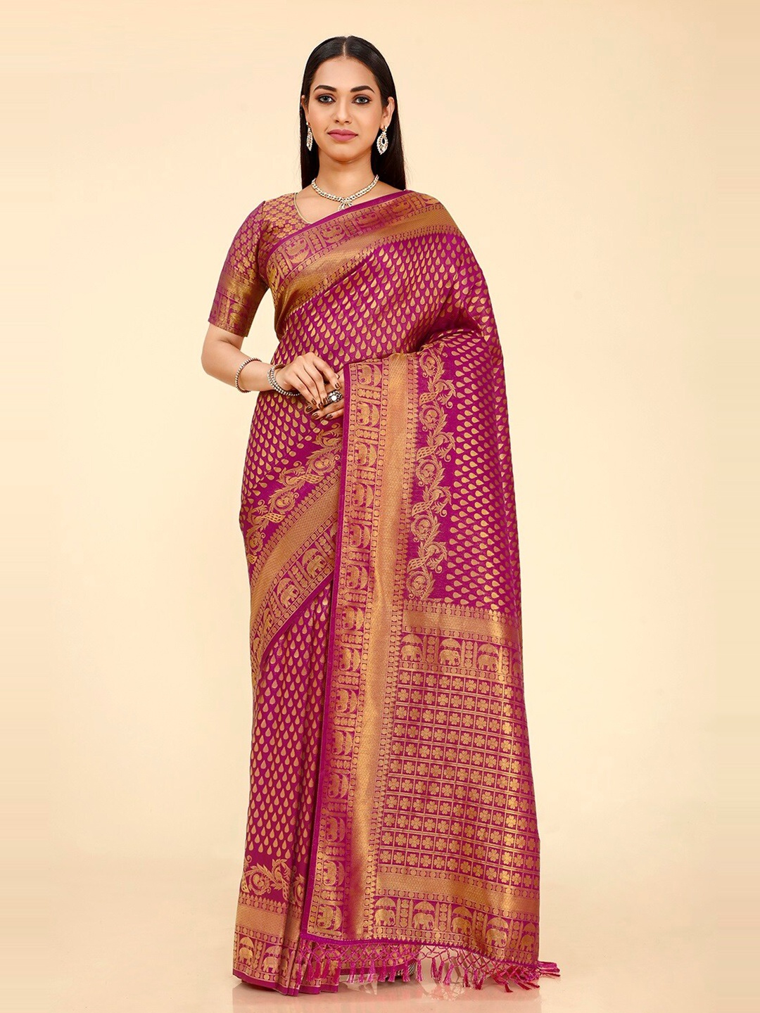 

FLOURIOUS Woven Design Zari Pure Silk Banarasi Saree, Pink