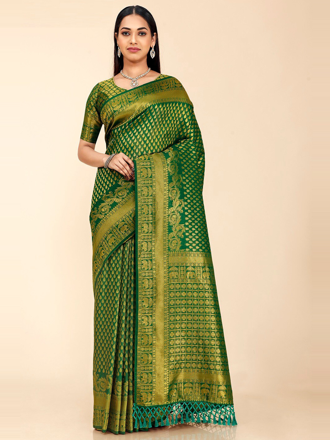 

FLOURIOUS Woven Design Zari Pure Silk Banarasi Saree, Green