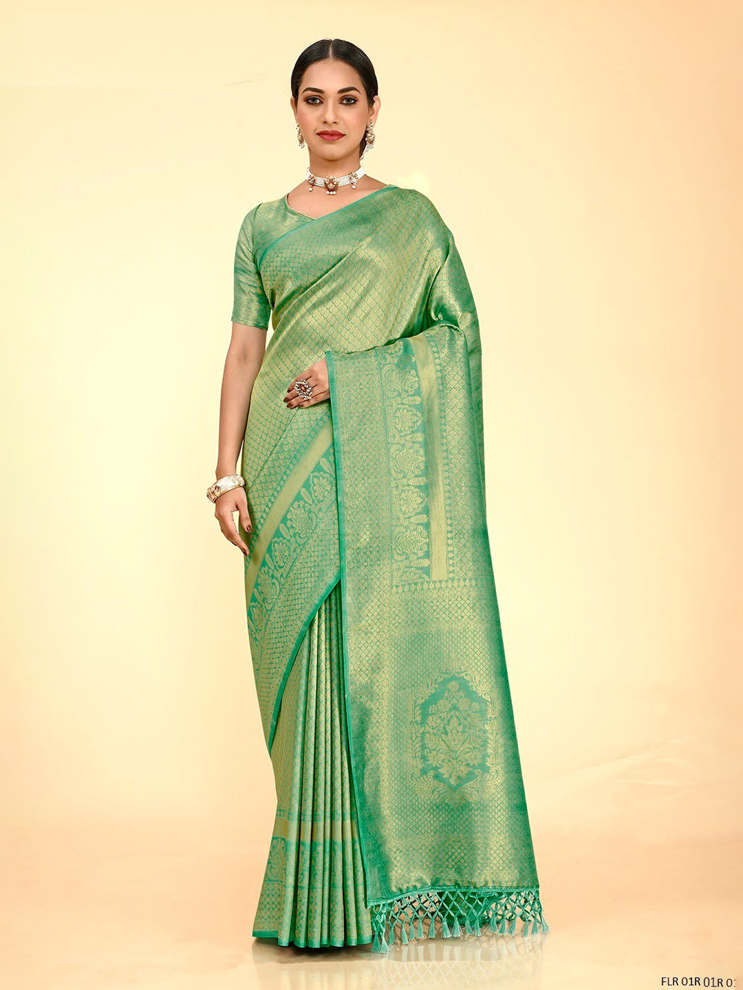 

FLOURIOUS Woven Design Zari Pure Silk Banarasi Saree, Sea green