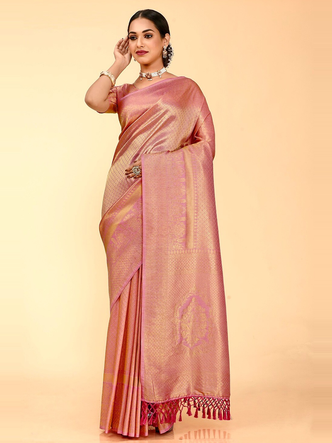 

FLOURIOUS Woven Design Zari Pure Silk Banarasi Saree, Pink
