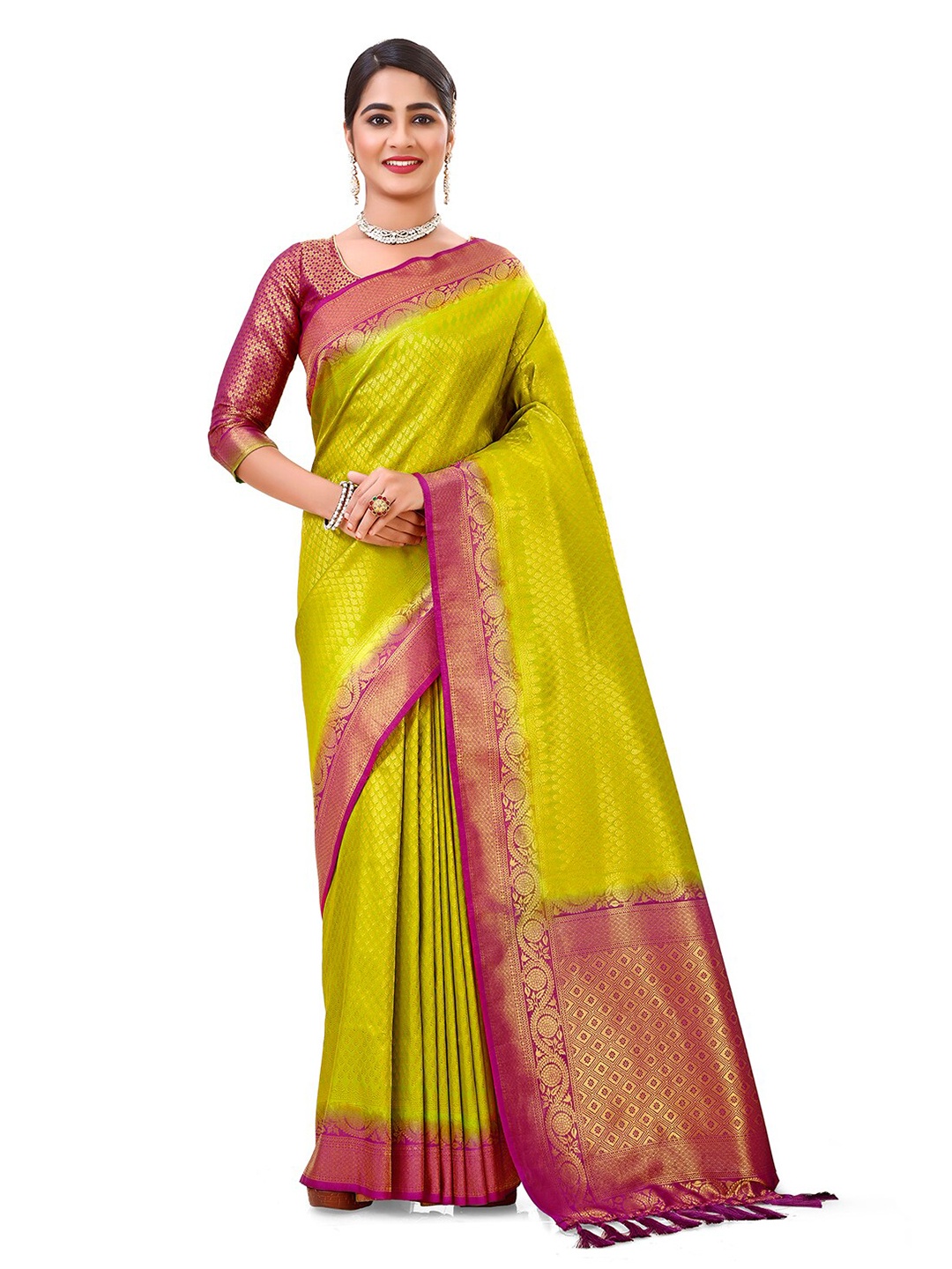 

FLOURIOUS Woven Design Zari Pure Silk Ready to Wear Banarasi Saree, Lime green