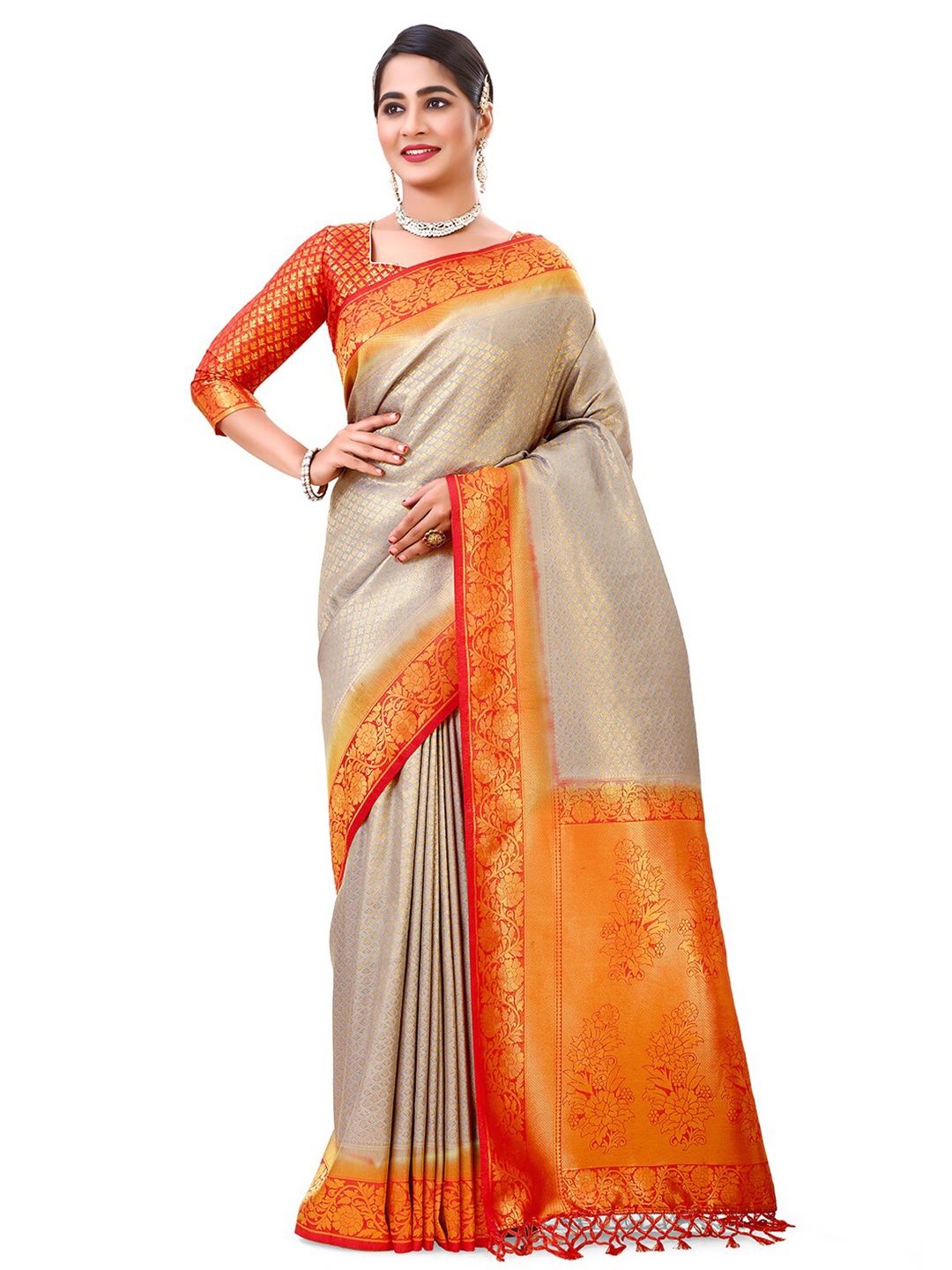 

FLOURIOUS Woven Design Zari Pure Silk Banarasi Saree, Grey