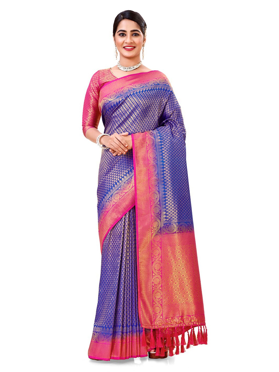 

FLOURIOUS Ethnic Motifs Woven Design Zari Pure Silk Kanjivaram Saree, Blue