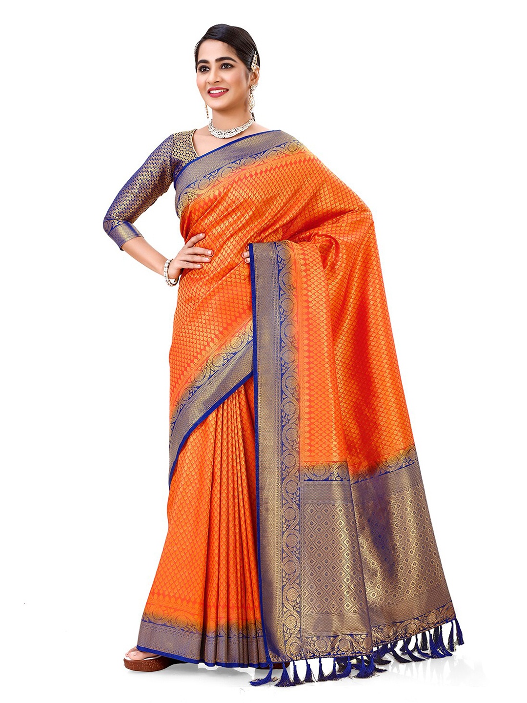 

FLOURIOUS Ethnic Motifs Woven Design Zari Pure Silk Kanjivaram Saree, Orange