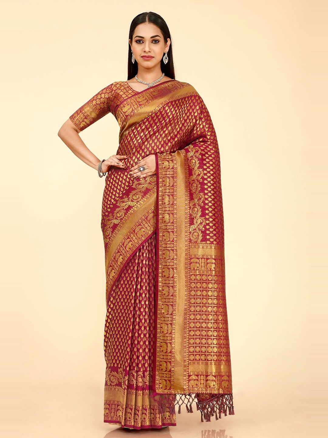 

FLOURIOUS Ethnic Motifs Woven Design Zari Pure Silk Kanjivaram Saree, Maroon