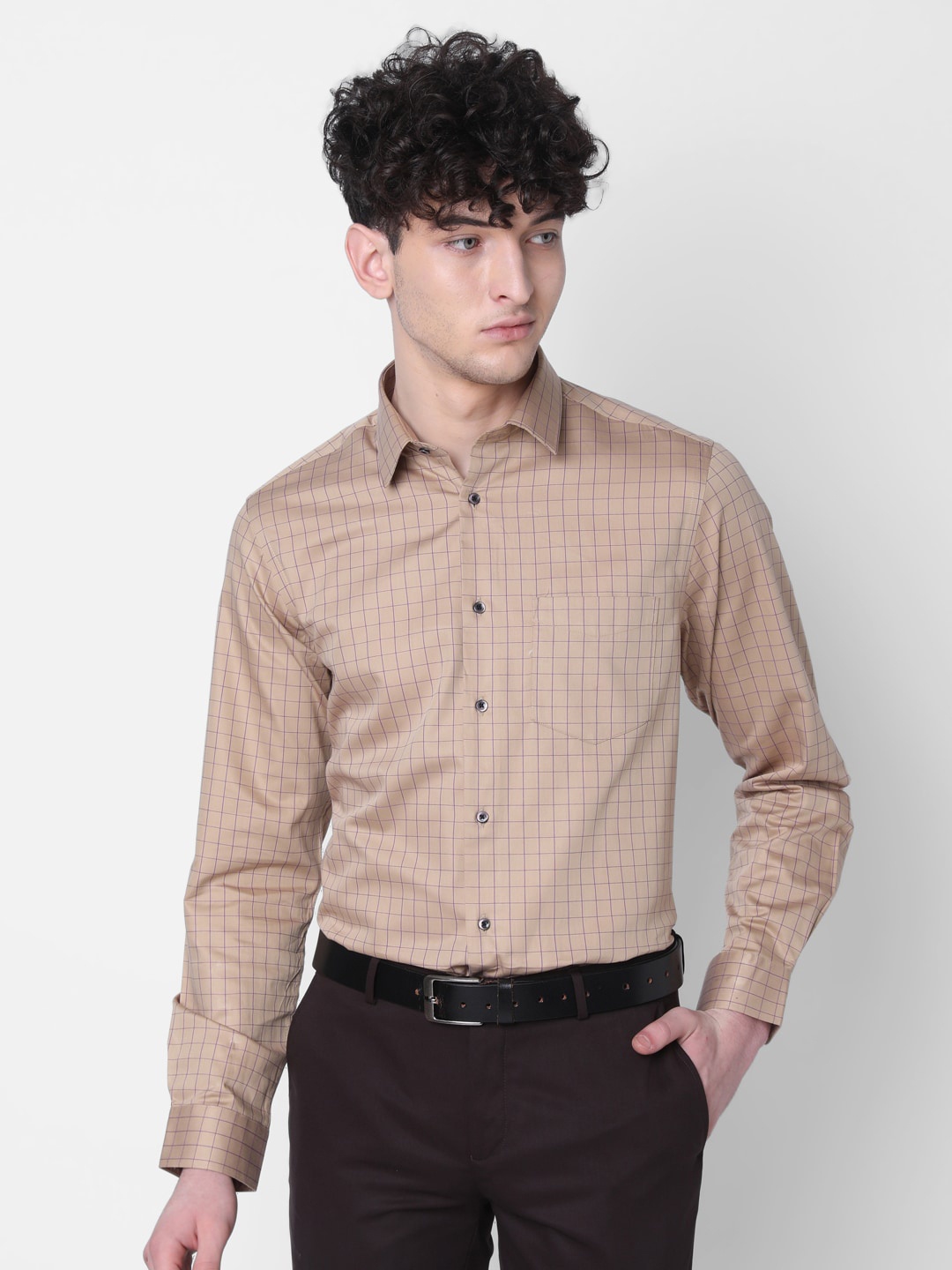 

J Hampstead Classic Grid Tattersall Checked Cotton Formal Shirt, Brown