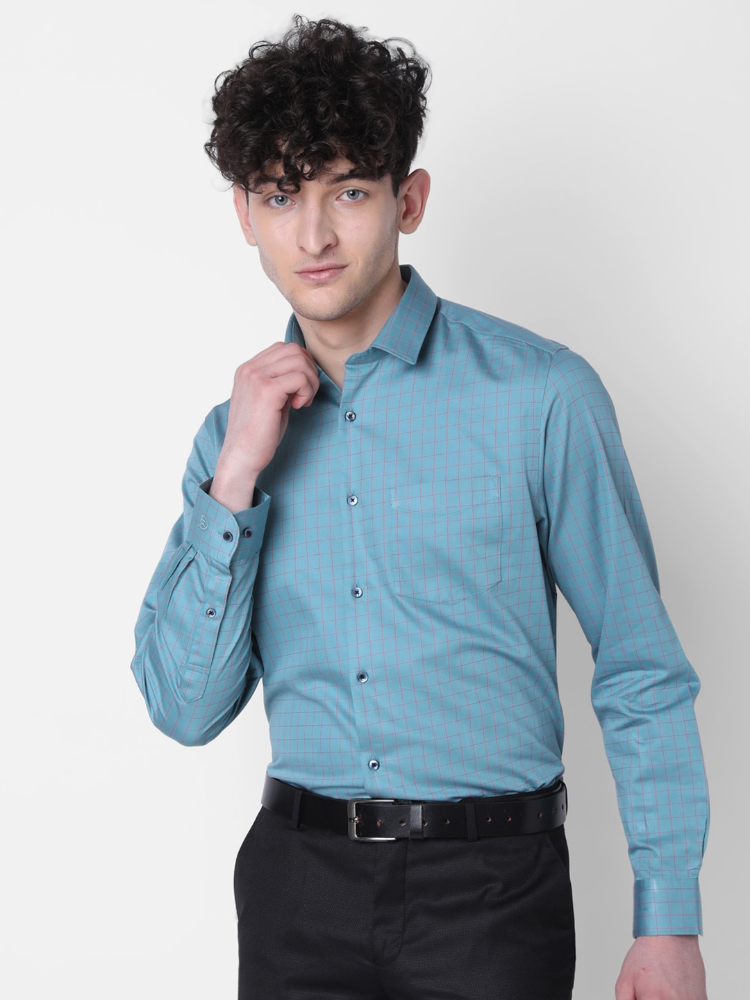 

J Hampstead Classic Grid Tattersall Checked Cotton Formal Shirt, Teal