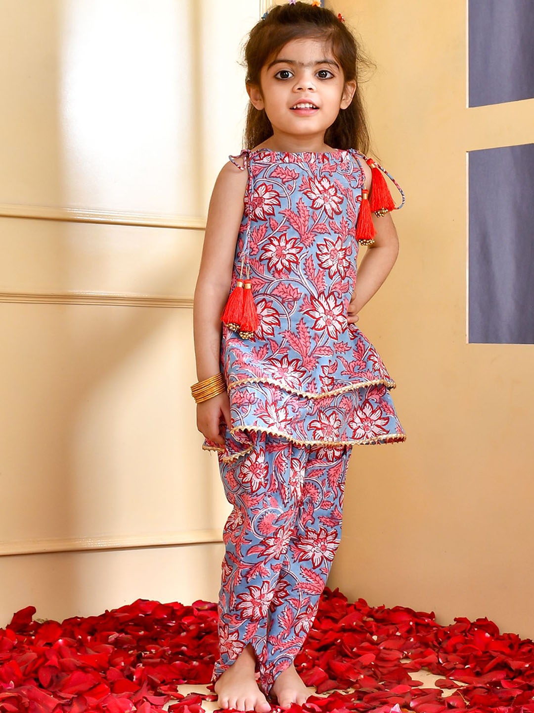 

Rangpur Girls Floral Printed Layered Gotta Patti Pure Cotton Kurti with Dhoti Pants, Blue